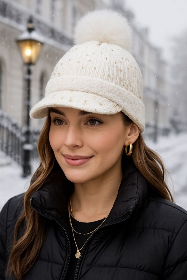 Brimmed Ecru Cap Hat with Pompom Ear Cover
