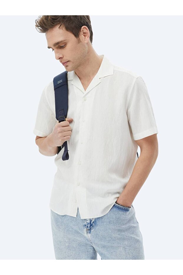 Ekru Regular Fit Dokuma Klasik Keten Karışımlı Gömlek - 4