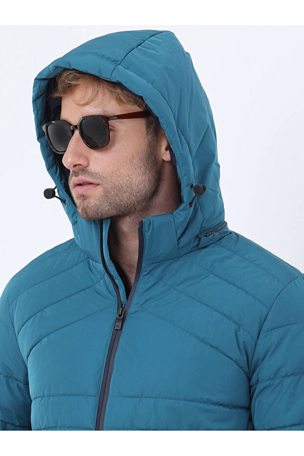 Petrol Regular Fit Kapüşonlu Casual Dokuma Mont - 5