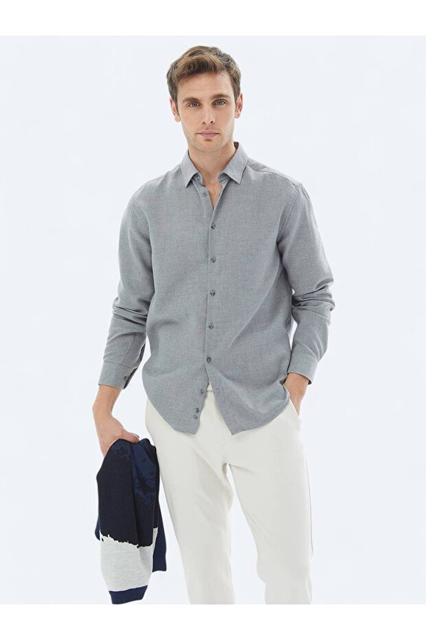 Gri Düz Regular Fit Dokuma Casual Pamuk Karışımlı Gömlek - 1