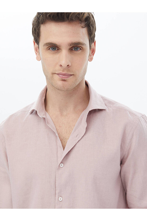 Pembe Düz Regular Fit Dokuma Casual Pamuk Karışımlı Gömlek - 3