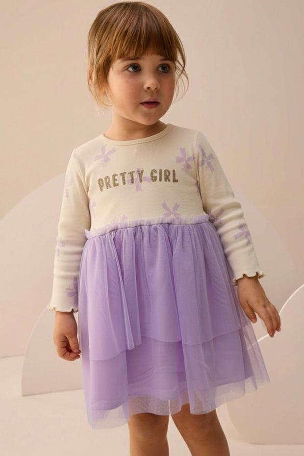 Glittery Printed Tulle Girls' Dress Lilac