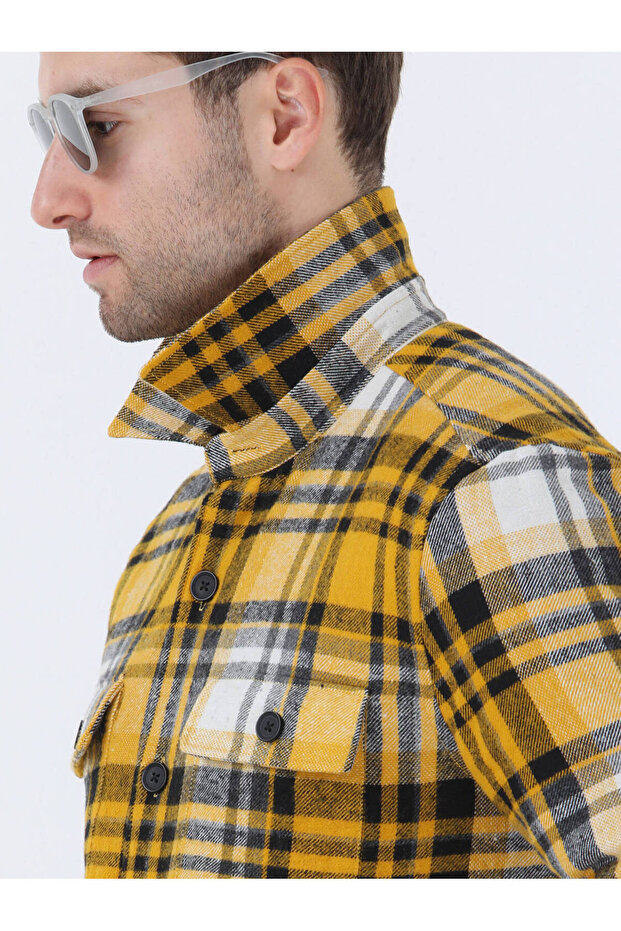 Sarı Kareli Regular Fit Dokuma Pamuk Karışımlı Overshırt - 5