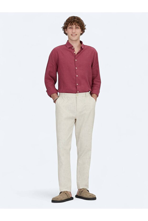Ekru Dokuma Jogging Fit Casual Pamuk Karışımlı Pantolon - 1