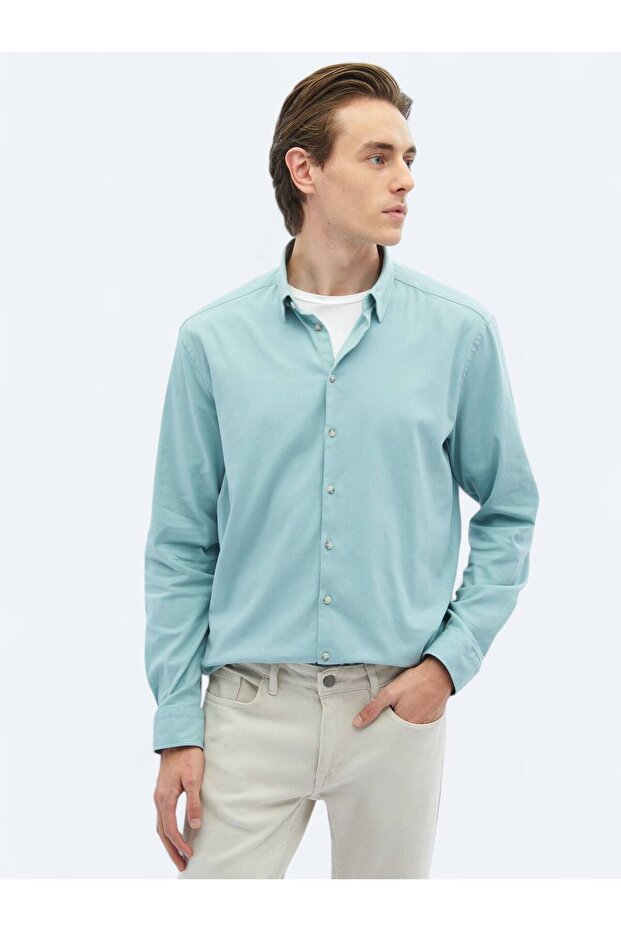 Mint Düz Regular Fit Dokuma Casual Pamuk Karışımlı Gömlek - 4