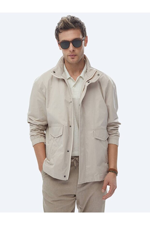 Bej Oversize Fit Dik Yaka Casual Dokuma Mont - 2