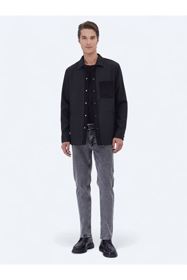 Siyah Düz Regular Fit Dokuma Overshırt - 3
