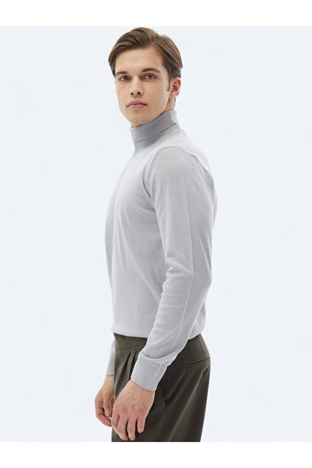 Lila Tam Balıkçı Yaka Düz Örgü Yün Karışımlı Triko Kazak - 6