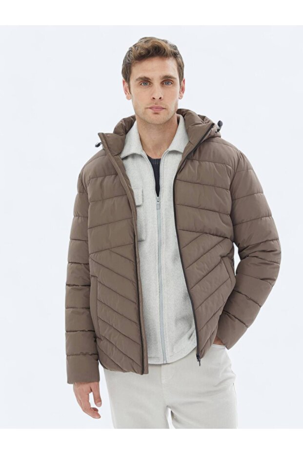 Bej Regular Fit Kapüşonlu Casual Dokuma Mont - 1