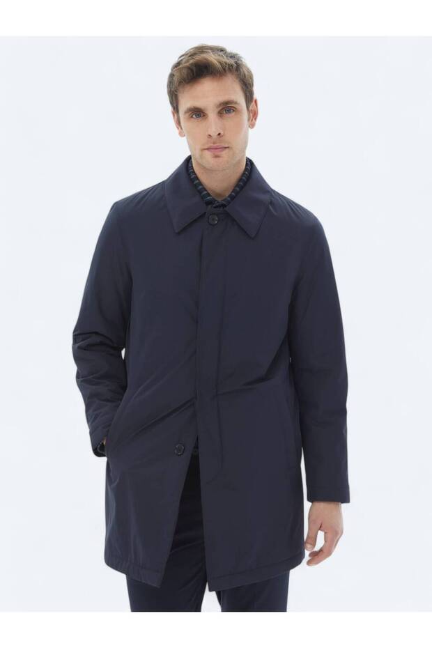 Lacivert Regular Fit Bebe Yaka Casual Dokuma Pardesü - 5