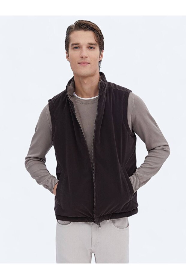 Koyu Vizon Regular Fit Gizli Kapüşon Casual Dokuma Spor Yelek - 6