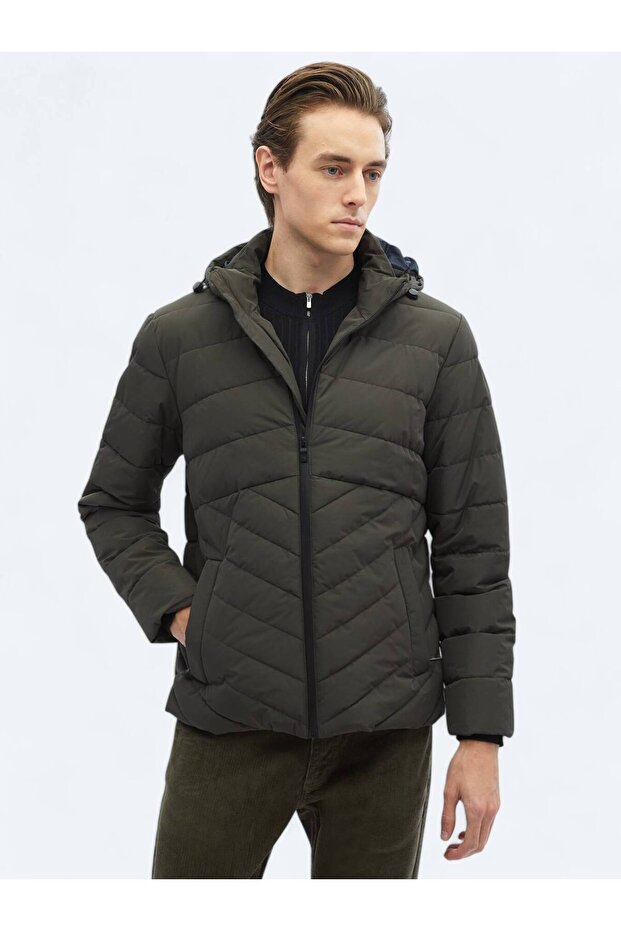 Haki Regular Fit Kapüşonlu Casual Dokuma Mont - 4