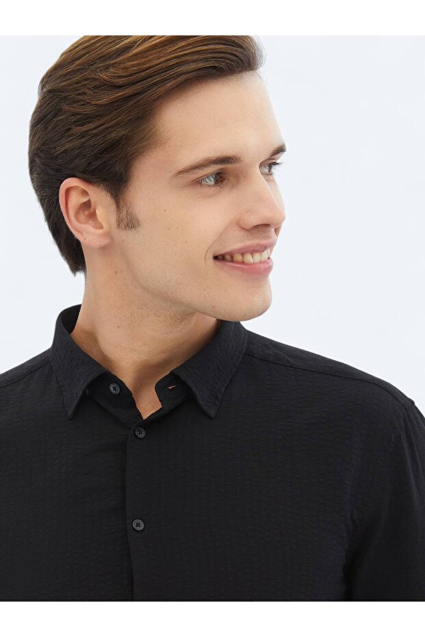 Siyah Regular Fit Dokuma Casual Gömlek - 3