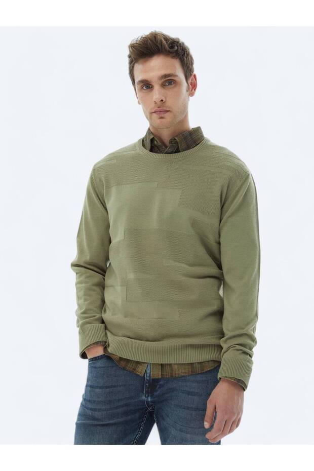 Açık Yeşil Bisiklet Yaka Jakarlı Yün Karışımlı Triko Kazak - 1