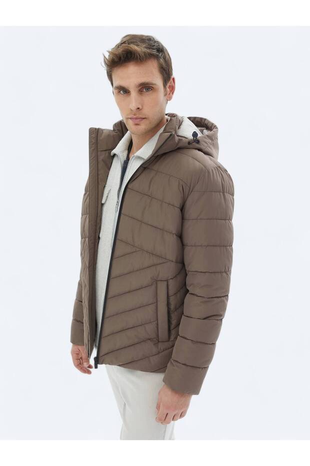 Bej Regular Fit Kapüşonlu Casual Dokuma Mont - 4