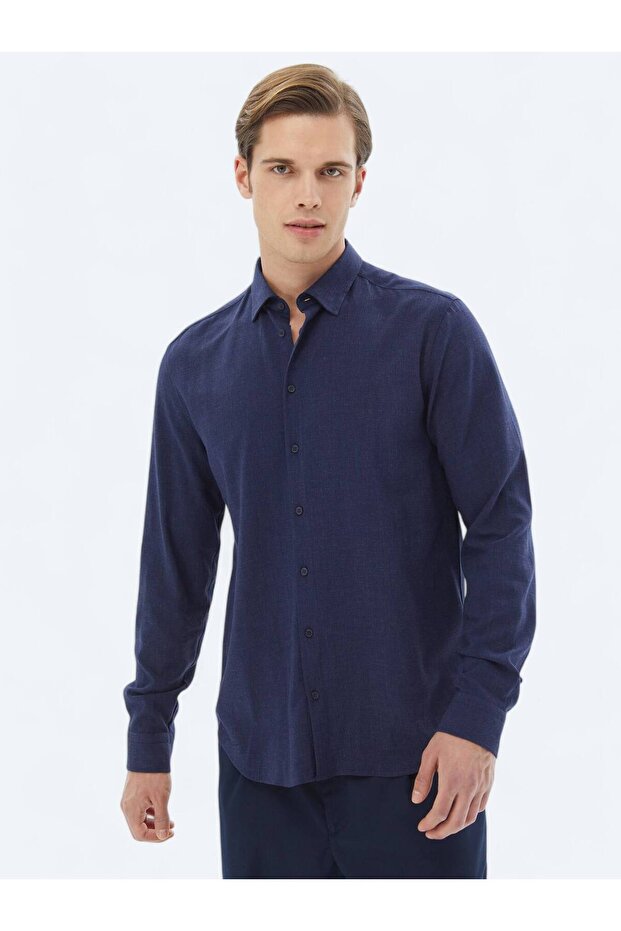 Lacivert Düz Regular Fit Dokuma Casual Gömlek - 1