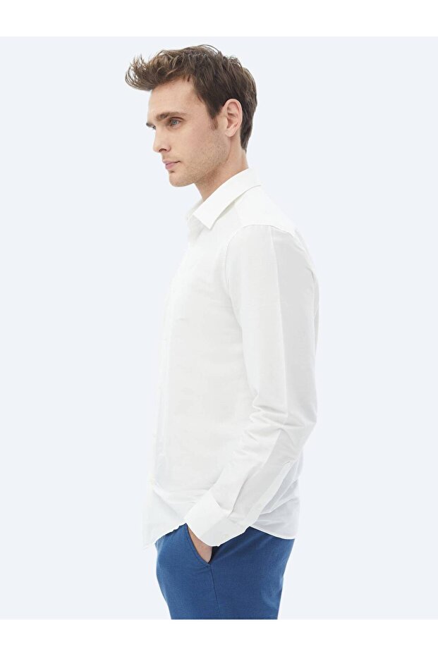 Ekru Düz Regular Fit Dokuma Casual Pamuk Karışımlı Gömlek - 5