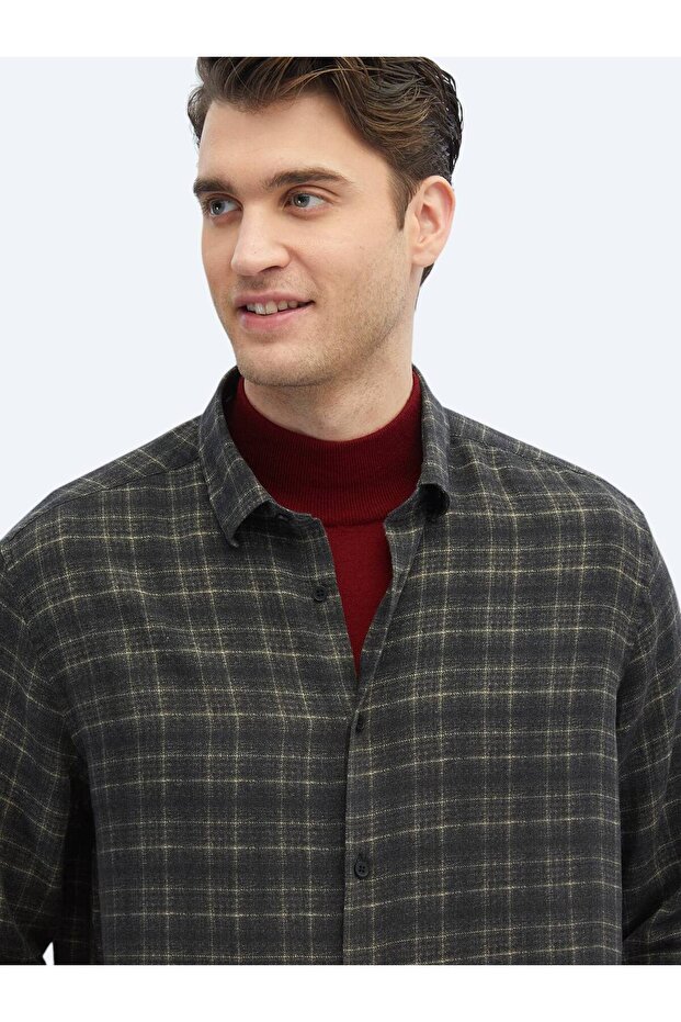 Antrasit Kareli Regular Fit Dokuma Casual Gömlek - 3