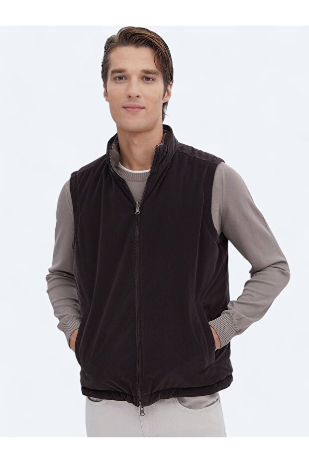 Koyu Vizon Regular Fit Gizli Kapüşon Casual Dokuma Spor Yelek - 2