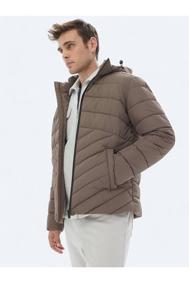 Bej Regular Fit Kapüşonlu Casual Dokuma Mont - 3