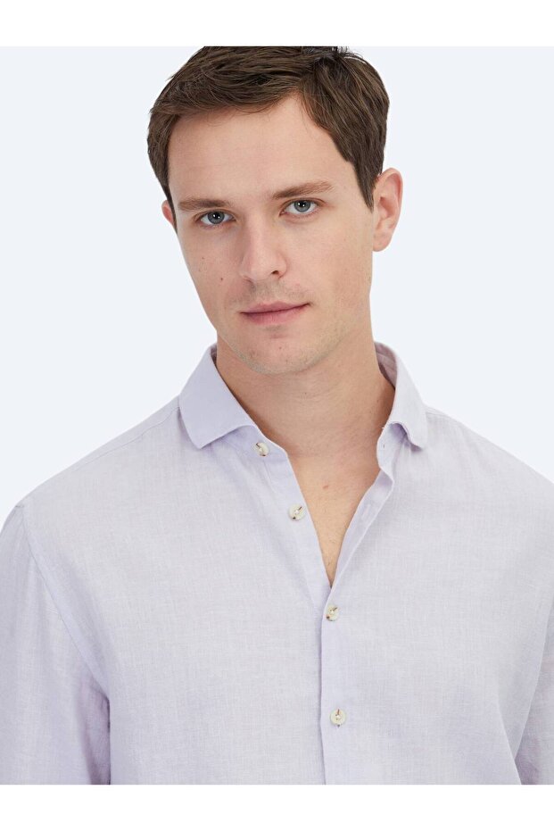 Lila Düz Regular Fit Dokuma Casual Pamuk Karışımlı Gömlek - 3