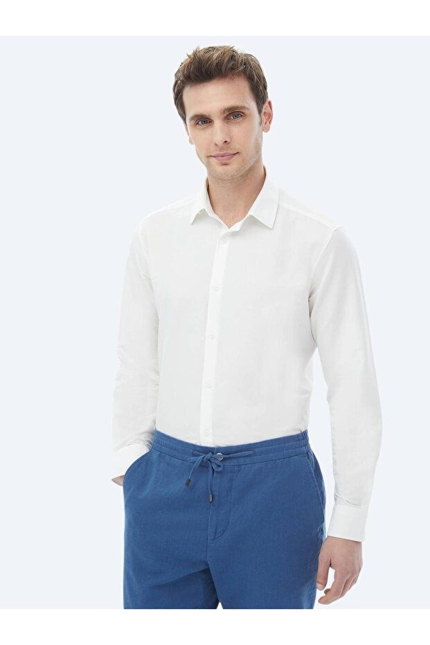 Ekru Düz Regular Fit Dokuma Casual Pamuk Karışımlı Gömlek - 3