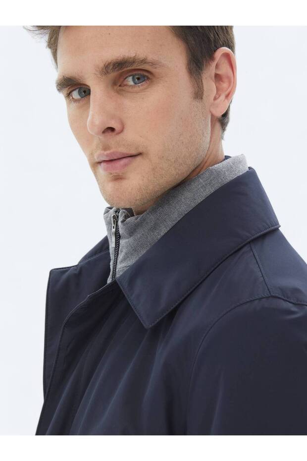 Lacivert Regular Fit Bebe Yaka Casual Dokuma Pardesü - 8