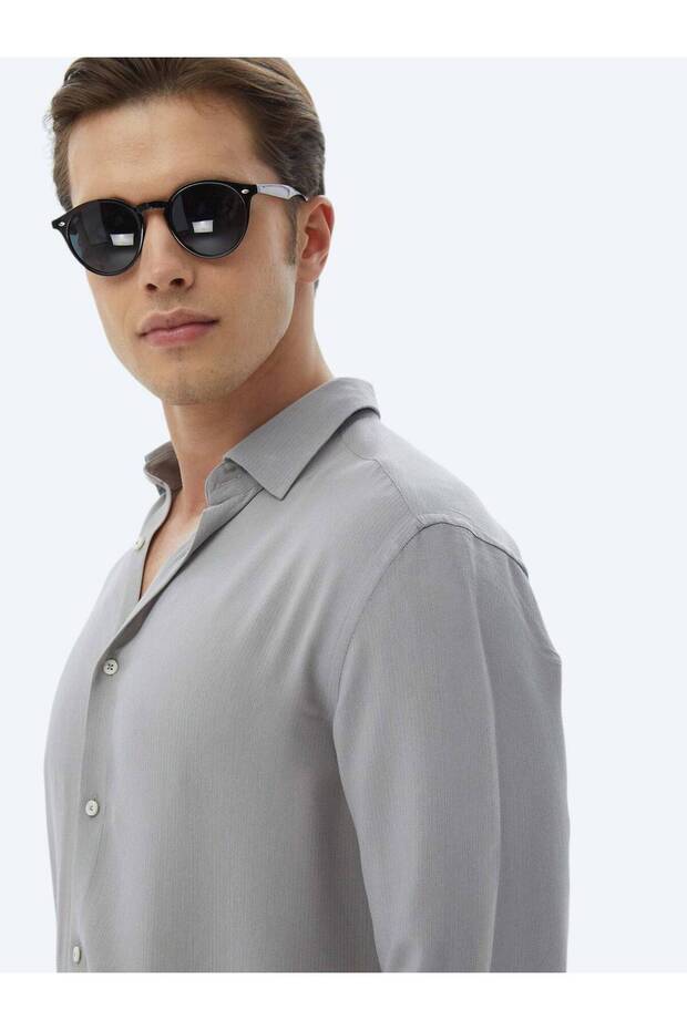 Gri Düz Regular Fit Dokuma Casual Gömlek - 7