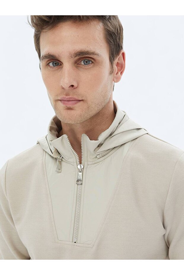 Bej Kapüşonlu Sweatshırt - 3