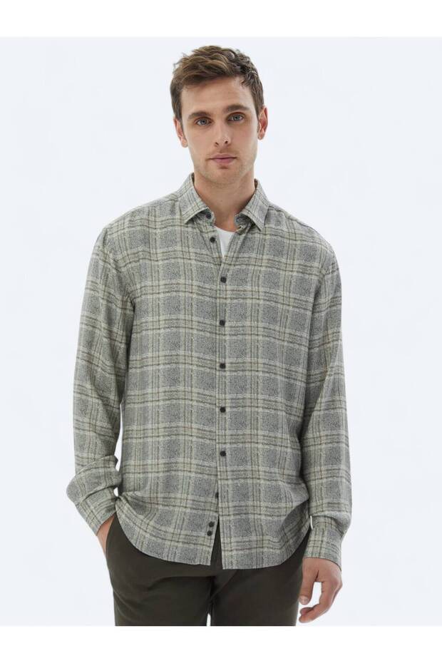 Bej Kareli Regular Fit Dokuma Casual Gömlek - 2