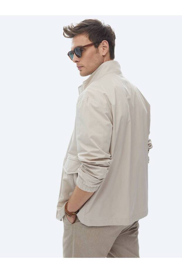 Bej Oversize Fit Dik Yaka Casual Dokuma Mont - 8