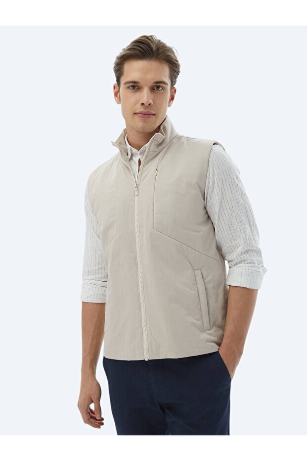Ekru Regular Fit Dik Yaka Casual Dokuma Spor Yelek - 6