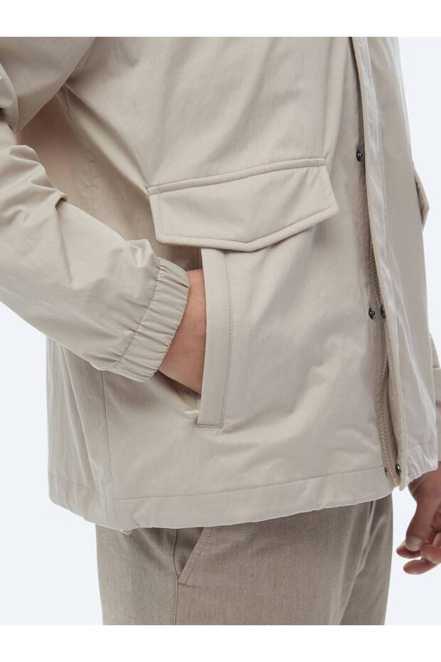 Bej Oversize Fit Dik Yaka Casual Dokuma Mont - 7