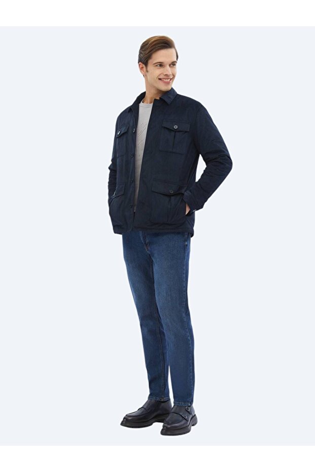 Lacivert Fitilli Regular Fit Dokuma Kadife Overshırt - 2