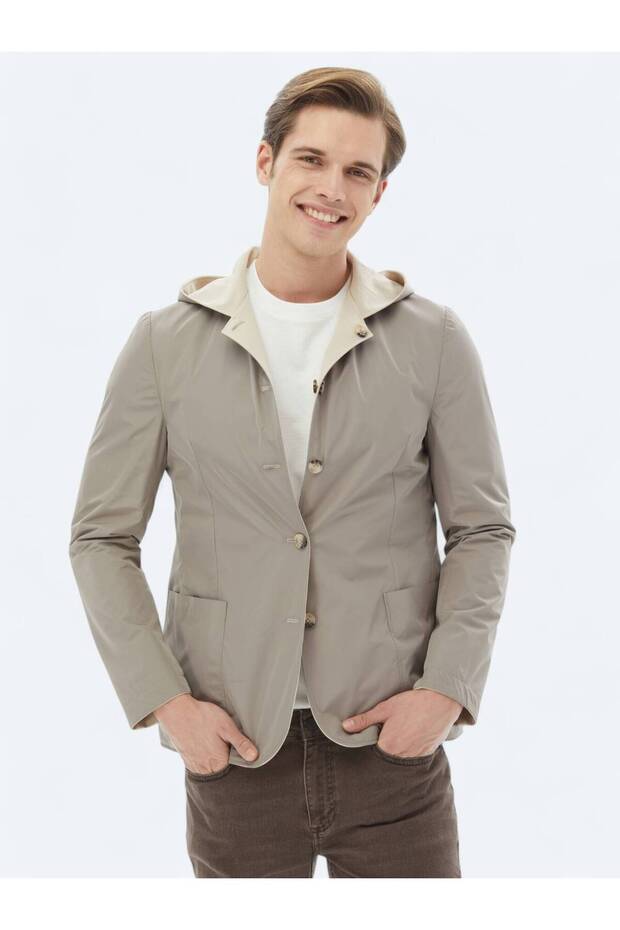 Bej Regular Fit Kapüşonlu Casual Örme Mont - 2