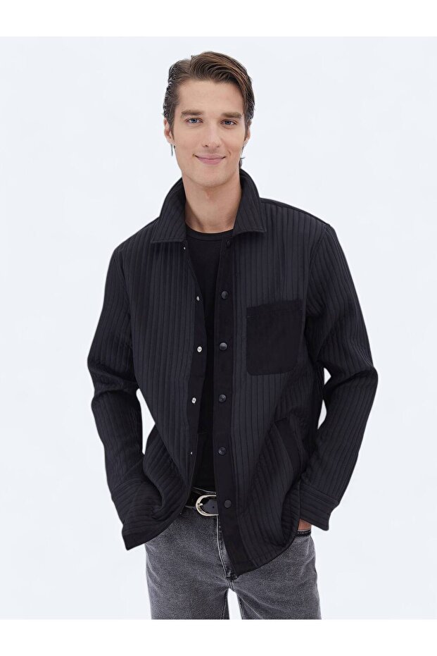 Siyah Düz Regular Fit Dokuma Overshırt - 1