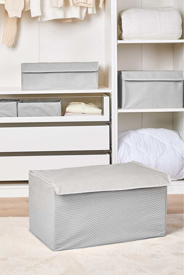 صندوق متوسط الحجم من الورق المقوى الصلب مع غطاء بنمط متعرج رمادي اللون - 3