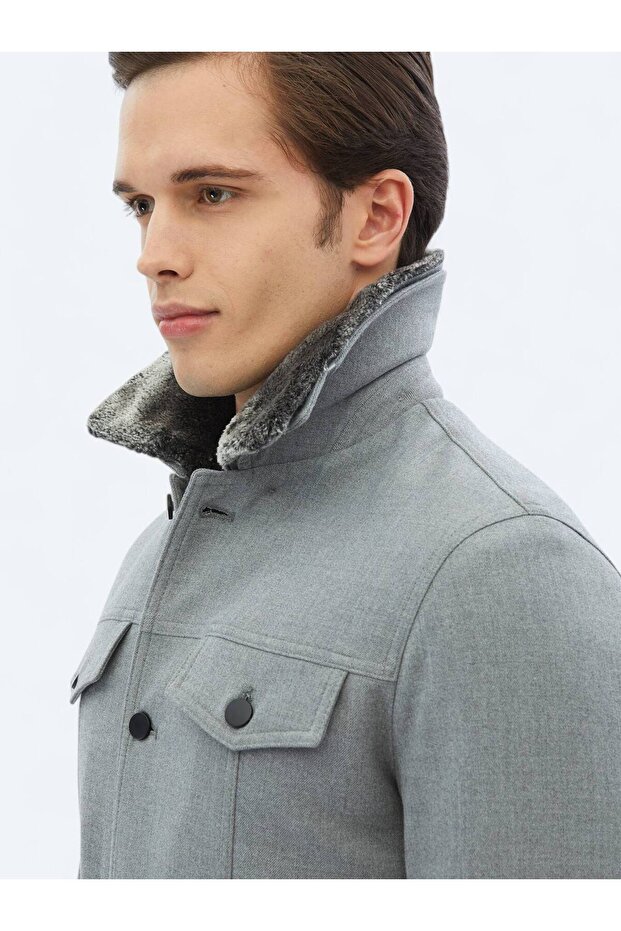 Gri Regular Fit Casual Dokuma Mont - 5