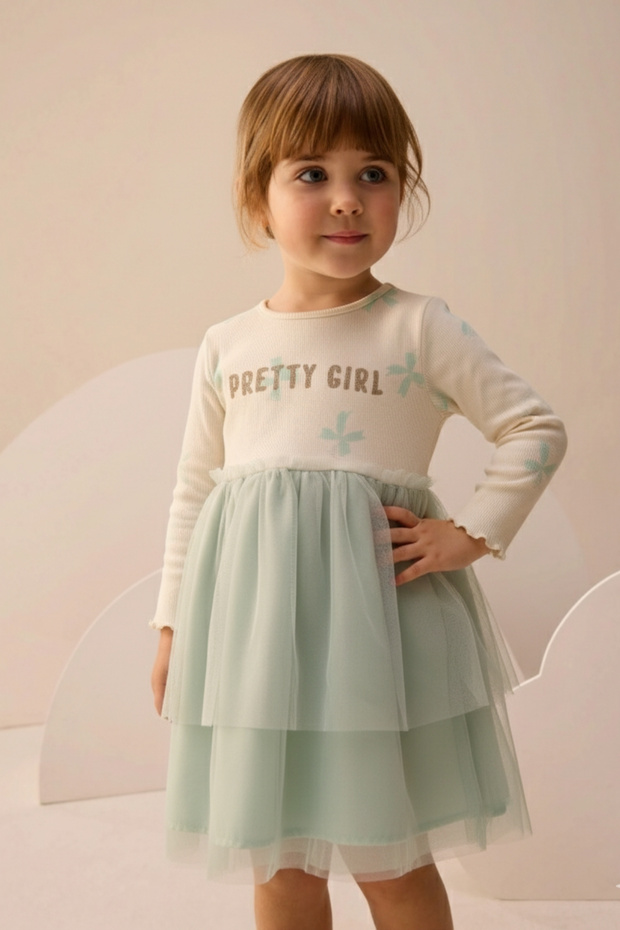 Glittery Printed Tulle Girls' Dress Mint Green