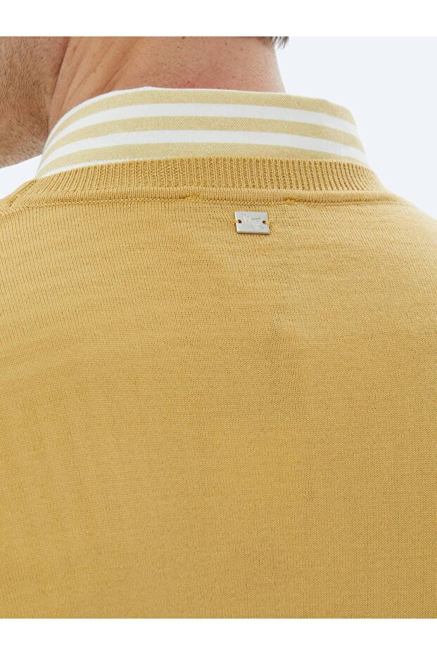 Sarı Bisiklet Yaka Düz Örgü Yün Karışımlı Triko Kazak - 4