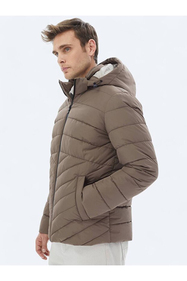 Bej Regular Fit Kapüşonlu Casual Dokuma Mont - 6