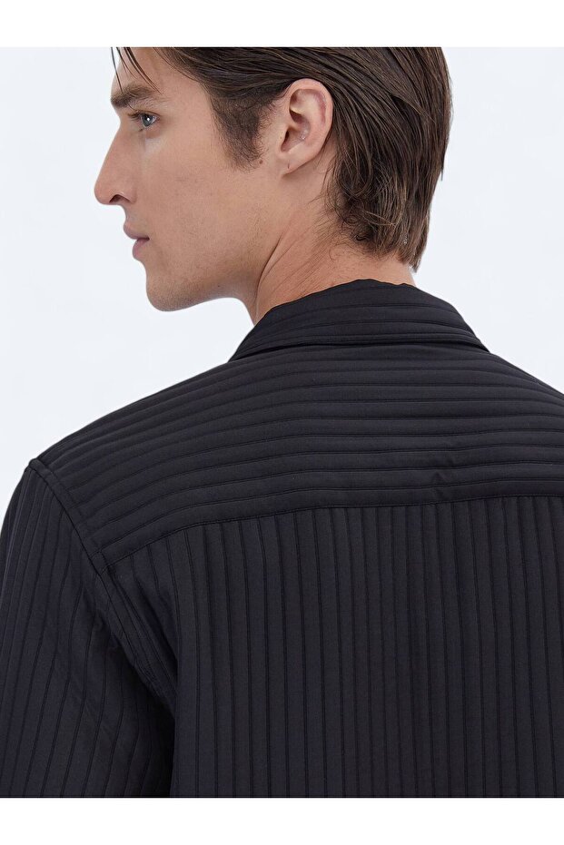 Siyah Düz Regular Fit Dokuma Overshırt - 6