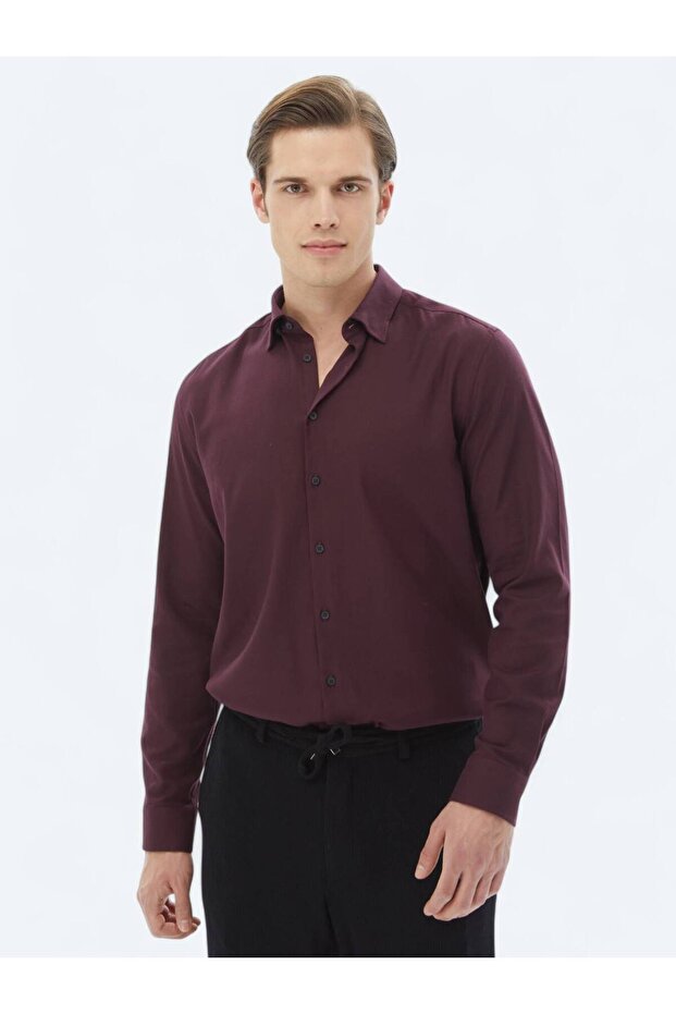 Mürdüm Düz Regular Fit Dokuma Casual Pamuk Karışımlı Gömlek - 1