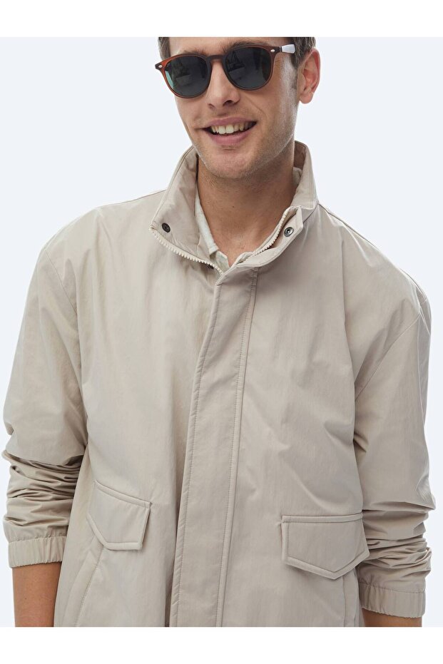 Bej Oversize Fit Dik Yaka Casual Dokuma Mont - 3