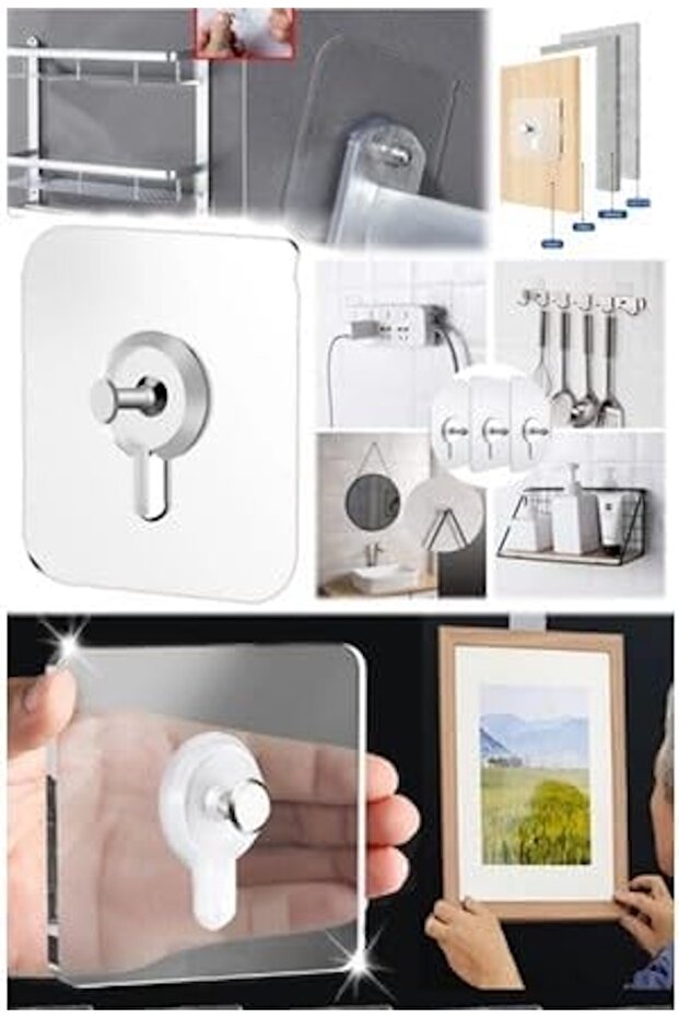 4 ADET Kendinden Yapışkanlı Çok Amaçlı Şeffaf Banyo Mutfak Askı Tablo Saat Raf Asma Aparatı - 8