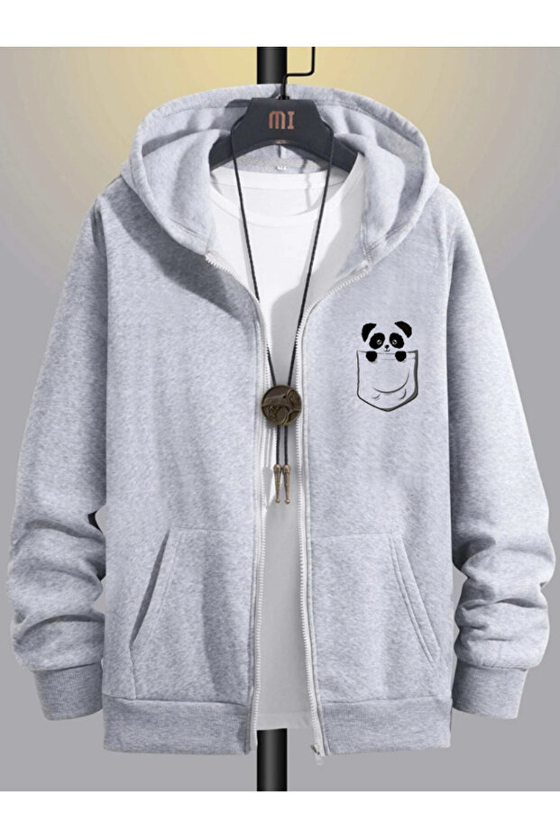 Men's Gray Hooded Zippered Oversize Sweatshirt Jacket Cardigan