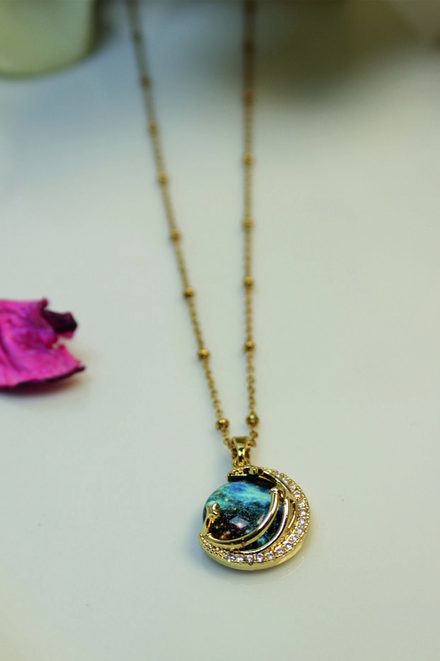 Gold Steel Necklace with Planet Figure, Zircon Stone, Does Not Tarnish, in Stylish Box