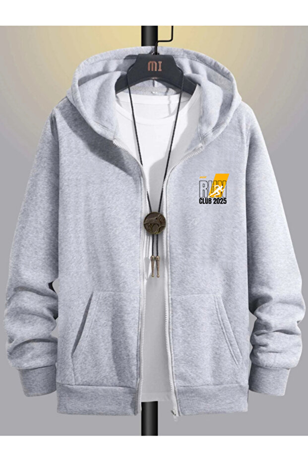 Men's Gray Hooded Zippered Oversize Sweatshirt Jacket Cardigan