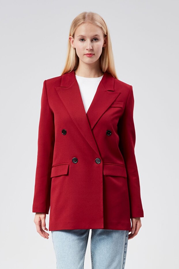 Burgundy Regular Lined Double Breasted Closure Woven Oversize Blazer Jacket
