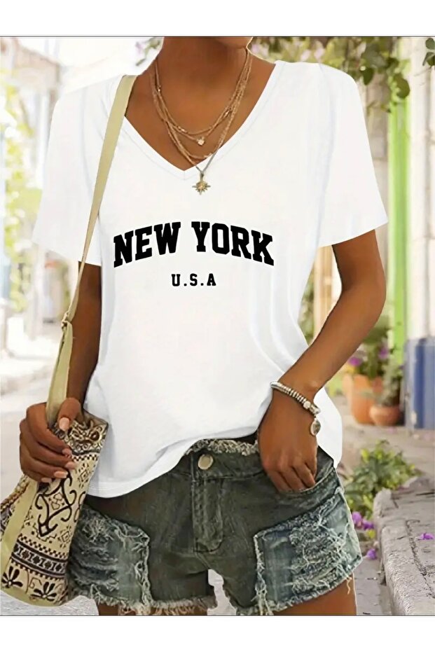 New York Usa Printed V-Neck Women's Oversize T-Shirt